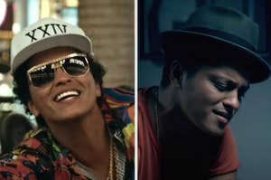 Bruno Mars is on the left and right posing in a music video