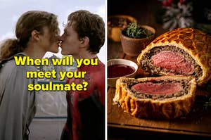 MJ and Spider-Man are on the left kissing labeled, "When will you meet your soulmate?" with Beef Wellington on the right
