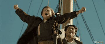 Leonardo DiCaprio shouts from the prow of the Titanic