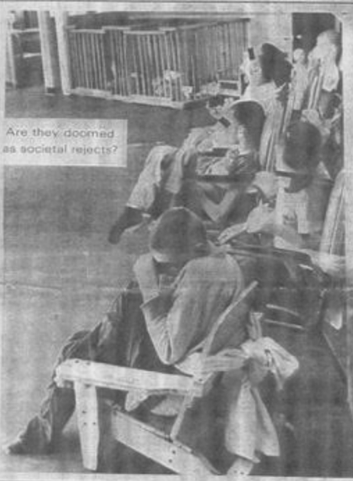 People with developmental disabilities are sitting, faces hidden, in a facility, with a caption on the photo that says "Are they doomed as societal rejects?"