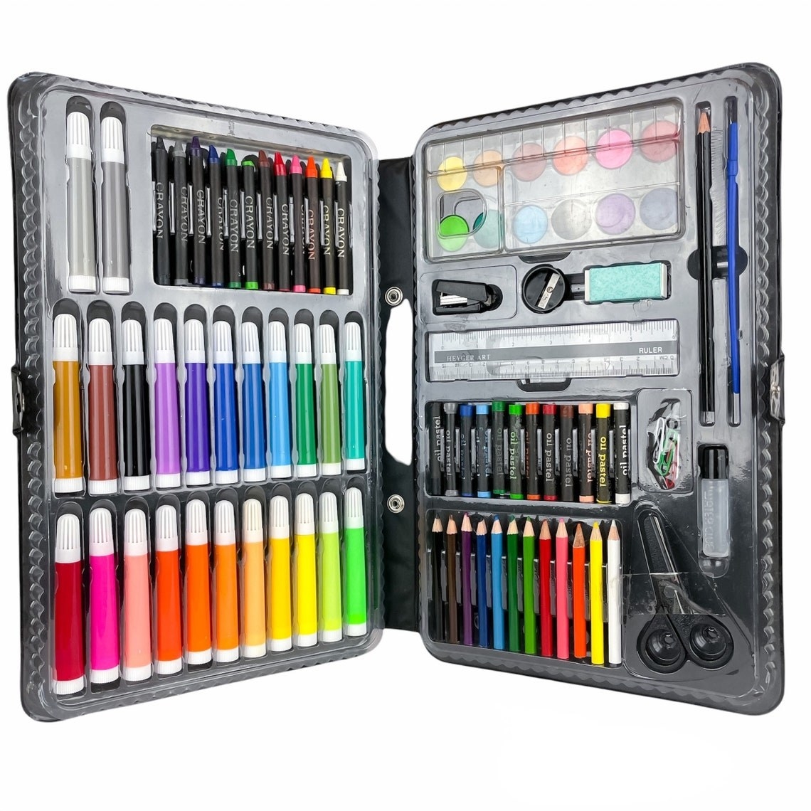 Art supplies box featuring markers, scissors, and colored pencils