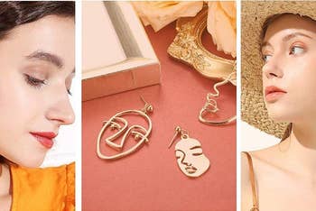 models wearing the gold earrings in the shape of drawn outlines of faces