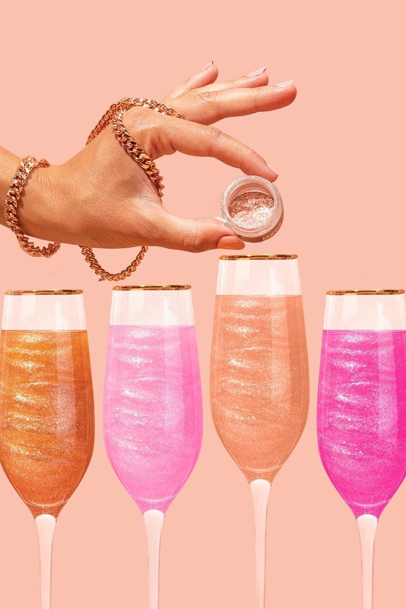 glittery treats and drinks in orange, pinks, and peachy colors