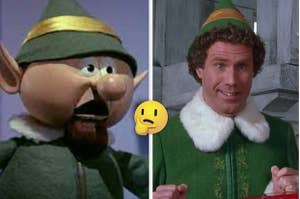 side by side stills from Rudolph the Red Nosed Reindeer and Elf showing an elf and Buddy wearing matching outfits 