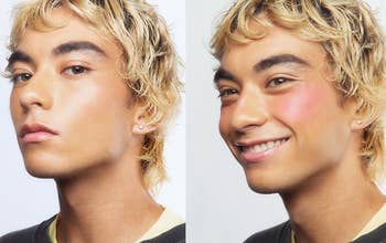 model before and after wearing pink blush
