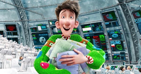 arthur christmas clutching a pile of letters