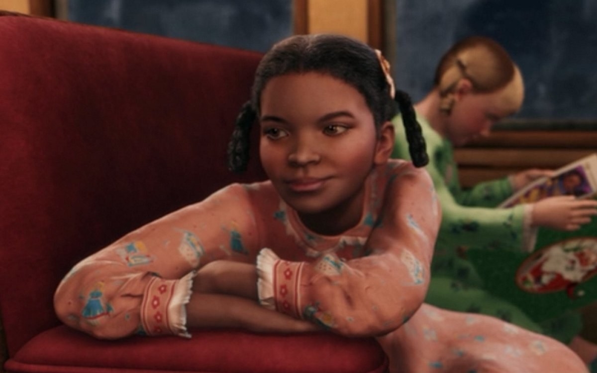 hero girl leaning on the train seat in the polar express