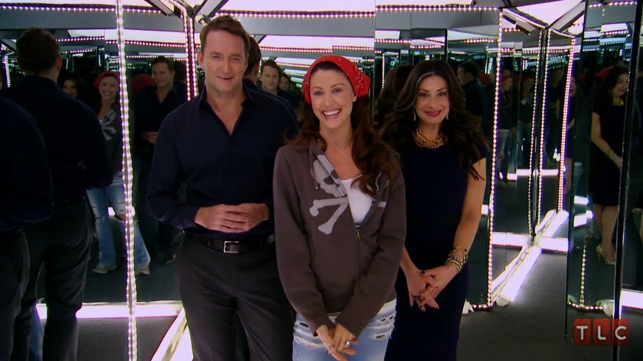 Stacy London and Clinton Kelly stand in a mirror room with Shannon Elizabeth