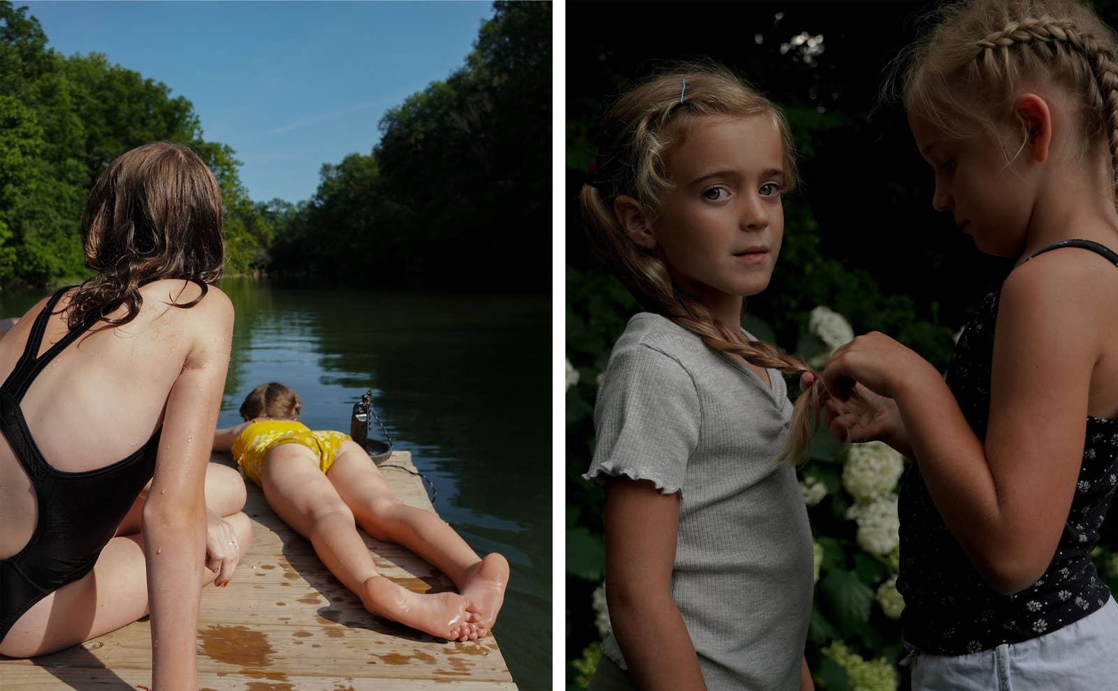 두 소녀가 호숫가에서 놀고 있고, 두 번째 사진에서 두 소녀가 서로 머리를 땋고 있습니다.