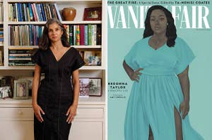 Image of Radhika Jones standing in front of bookcase next to image of Vanity Fair's September 2020 cover with the painting of Breonna Taylor
