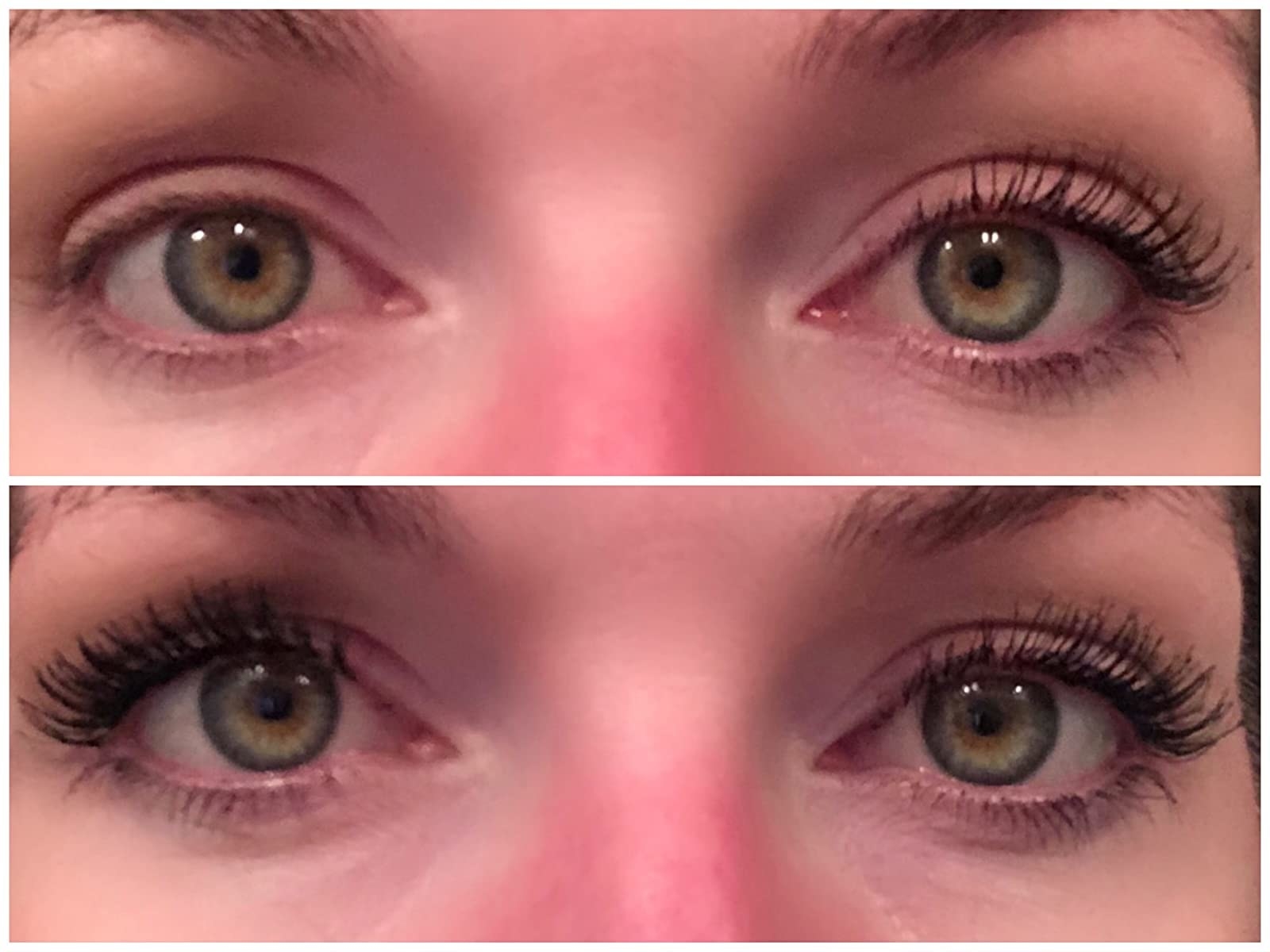 A reviewer showing a before/after with longer, thicker, lashes after use