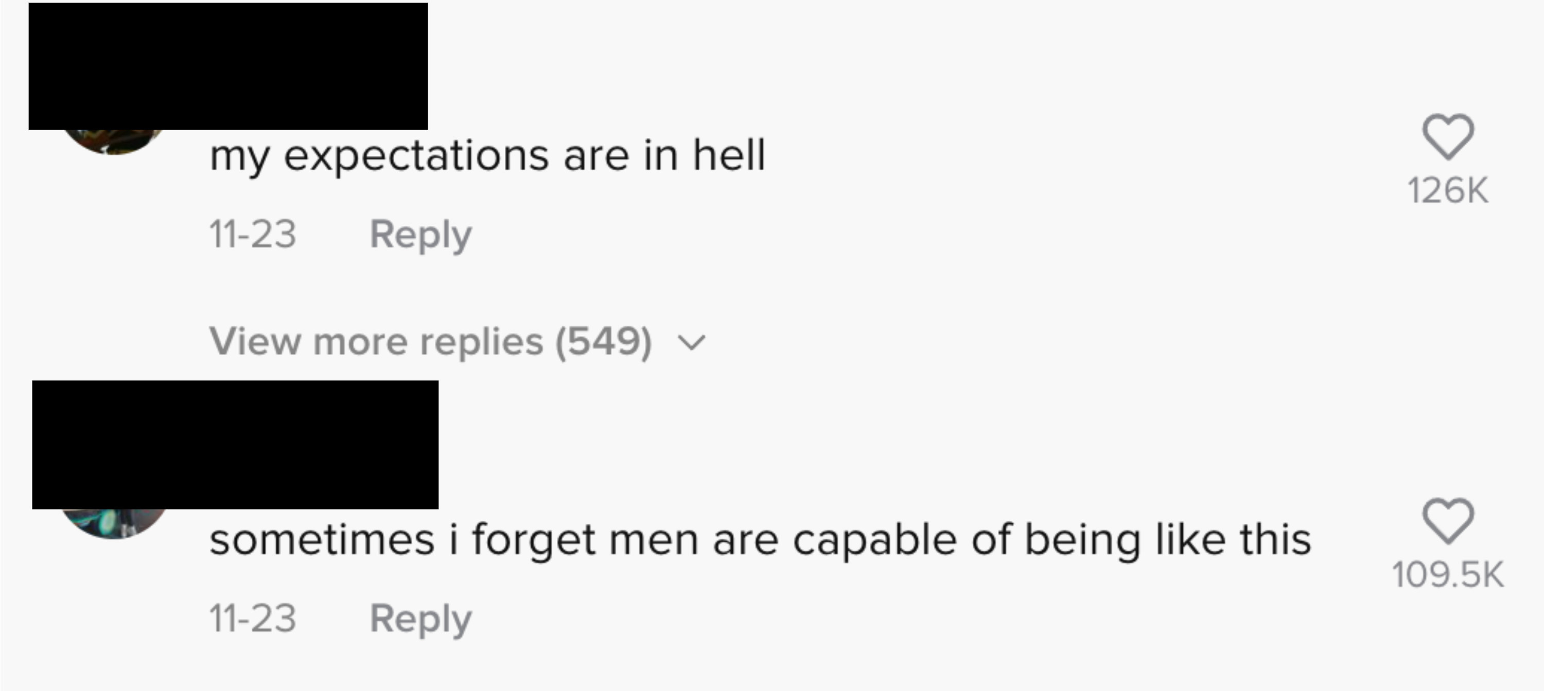 comment saying &quot;my expectations are hell&quot; and &quot;sometimes i forget men are capable of being like this&quot;
