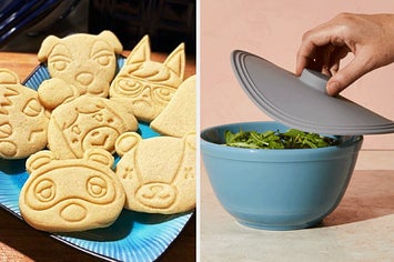 to the left: animal crossing cookies, to the right: a silicone lid for a bowl