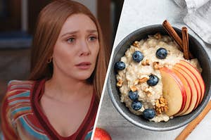 A close up of Wanda Maximoff as she looks afraid and an overhead shot of a bowl of oatmeal with apples and blueberries in it