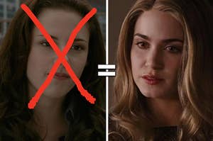 A close up of Bella Swan with her face crossed out and a close up of Rosalie Cullen