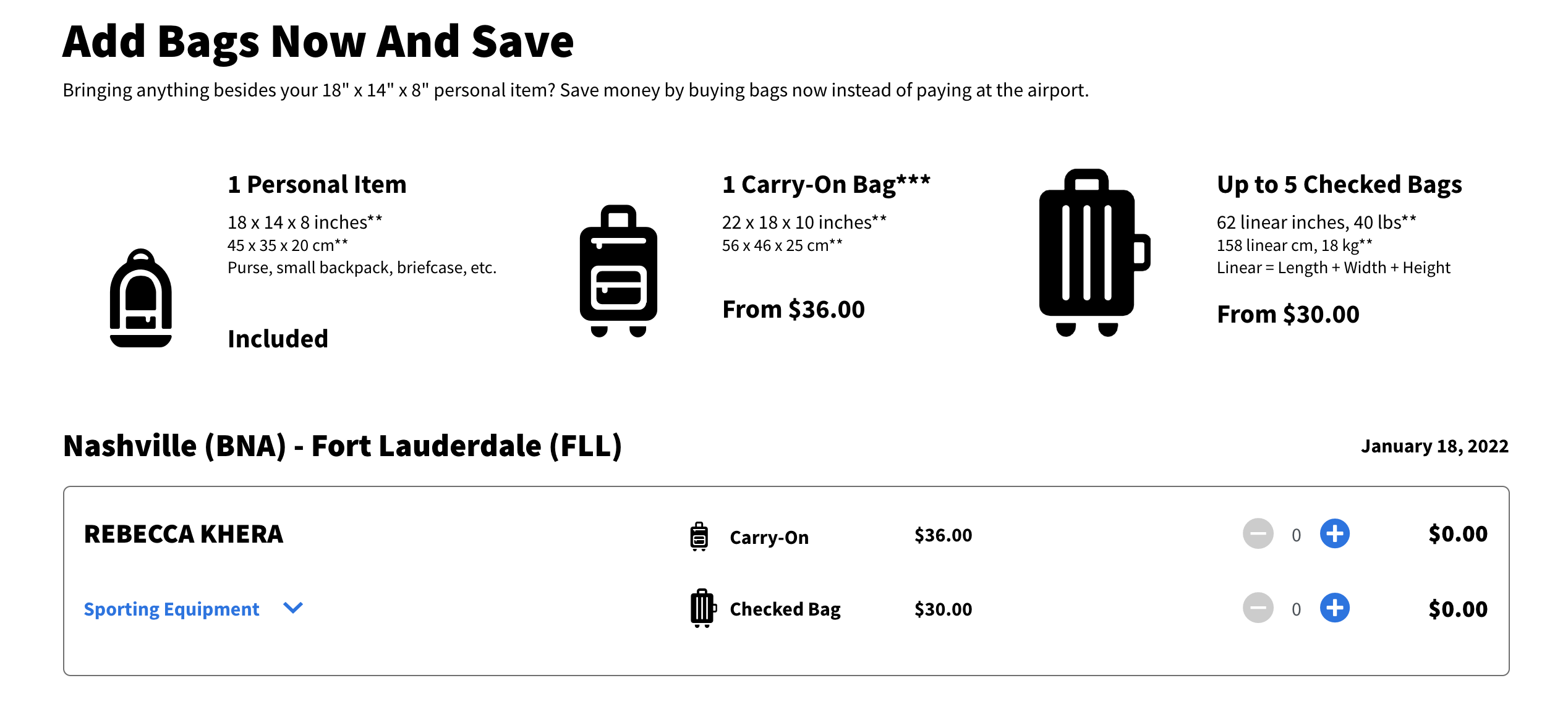 Prices for adding bags