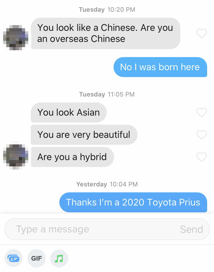 person asking asian woman if she &quot;is a hybrid&quot;