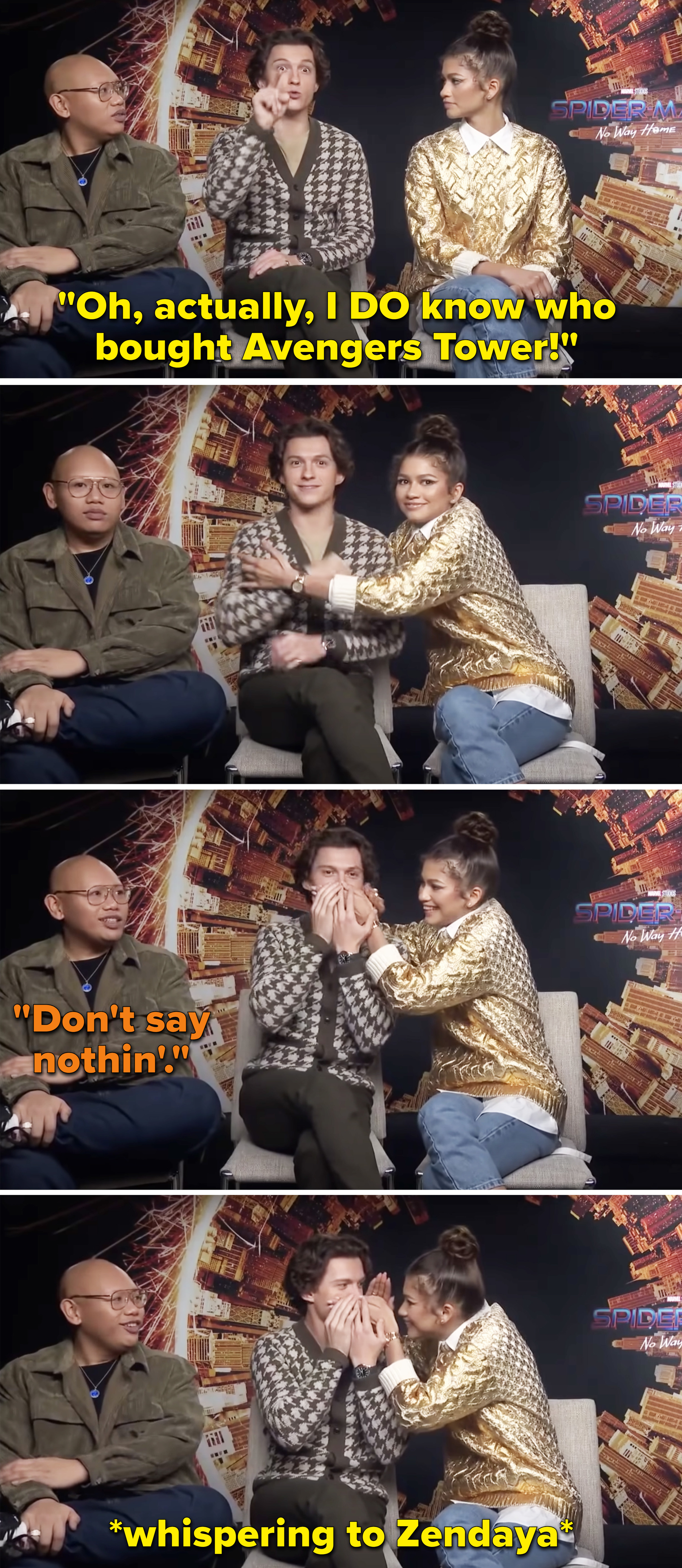 Zendaya covering Tom&#x27;s mouth as he whispers to her