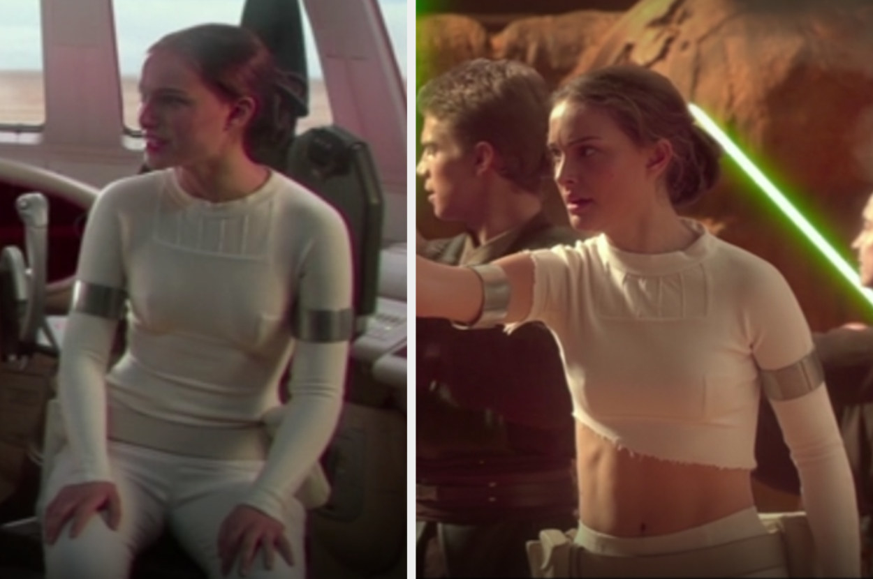 Left: Natalie Portman as Padmé Amidala sits in a chair in a spaceship in &quot;Attack of the Clones&quot; Right: Natalie Portman as Padmé Amidala looks on and holds her arm out in &quot;Attack of the Clones&quot;