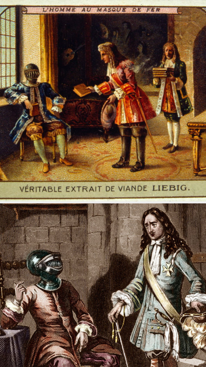 Top: A painting depicting a man wearing an iron mask sits beside a window as another man holds a book out to him Bottom: A painting of a man in a room wearing an iron mask sits in a chair near another man