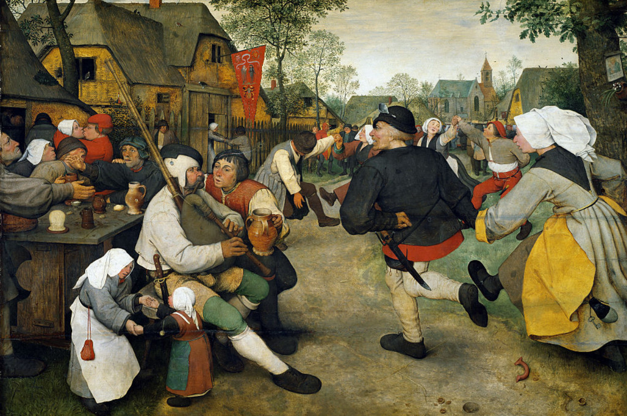 A painting of a town square in the 500’s filled with peasants dancing as one blows into an instrument