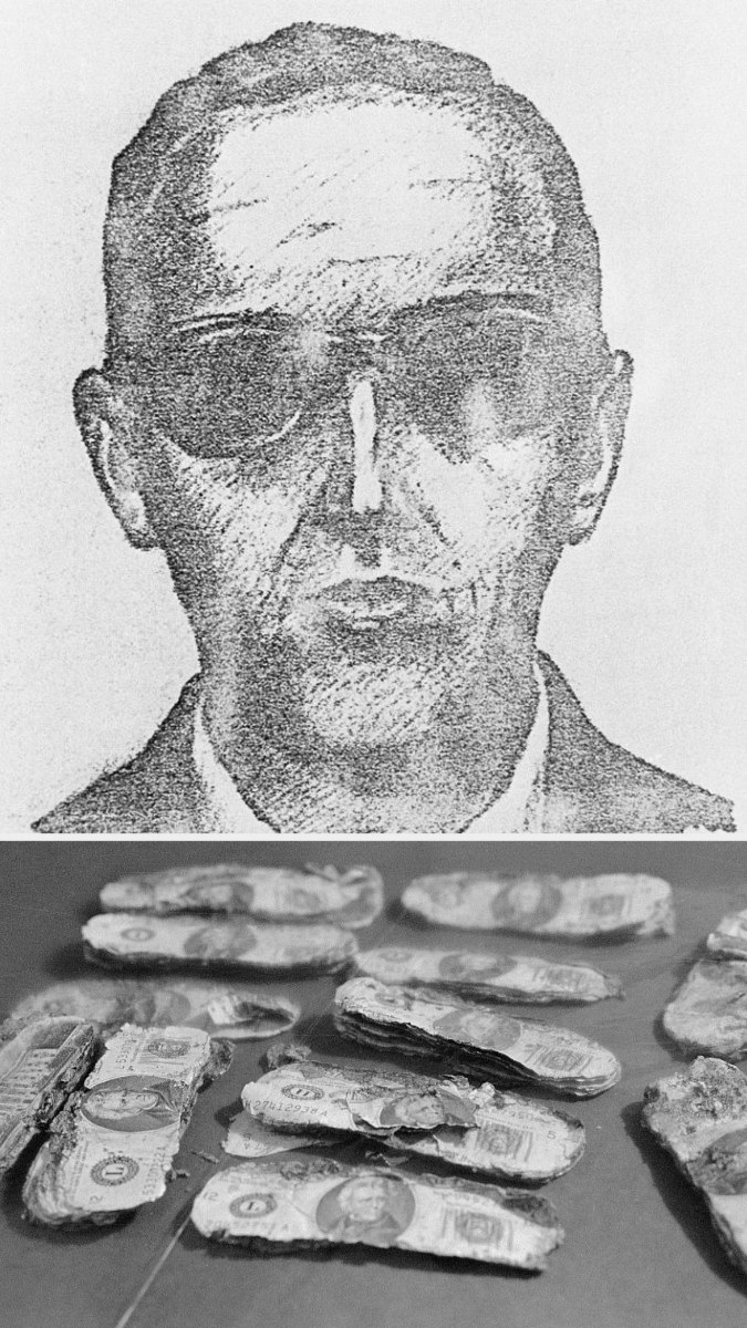 Top: A police sketch photo of a man in a suit wearing sunglasses Bottom: Multiple decomposing twenty dollar bills sit on a table