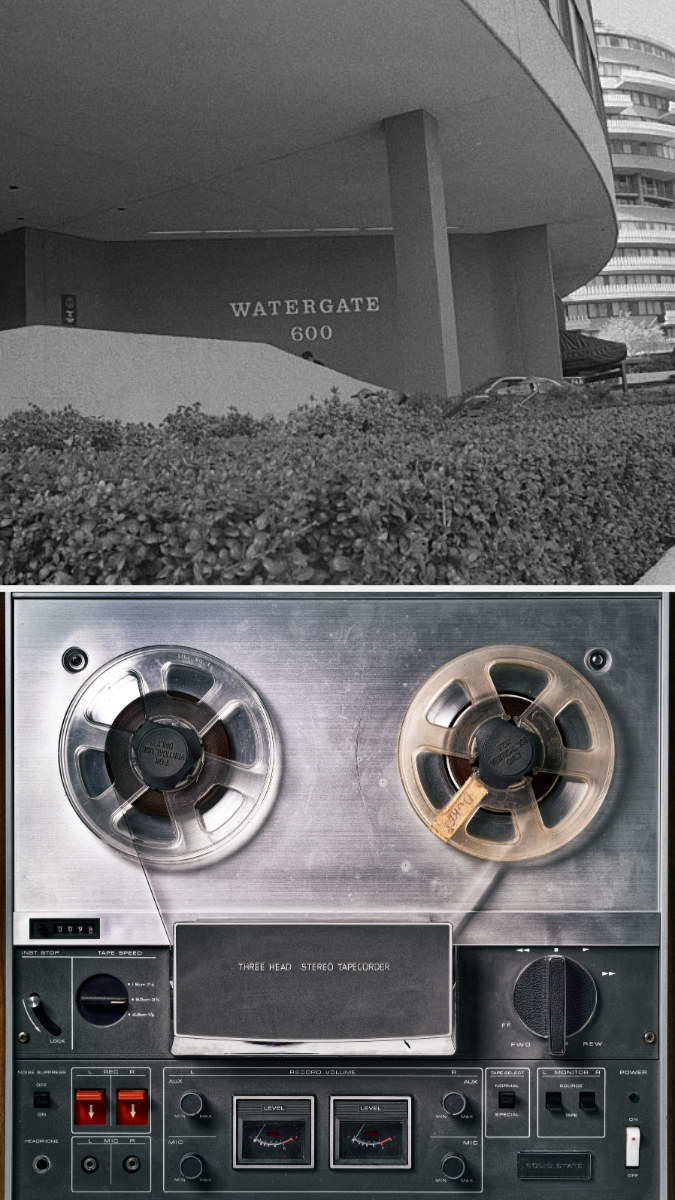Top: A black and white photo of the exterior of the Watergate Hotel Bottom: An overhead look at a three head stereo tape recorder