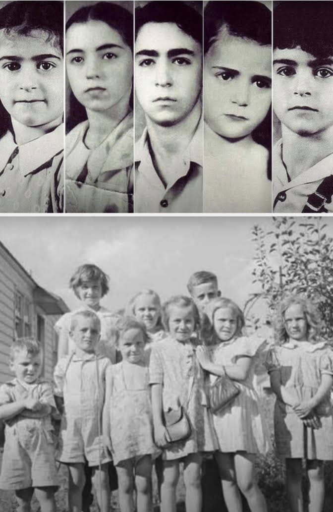 Top: The faces of the five missing Sodder children Bottom: Nine children standing outside of a family home
