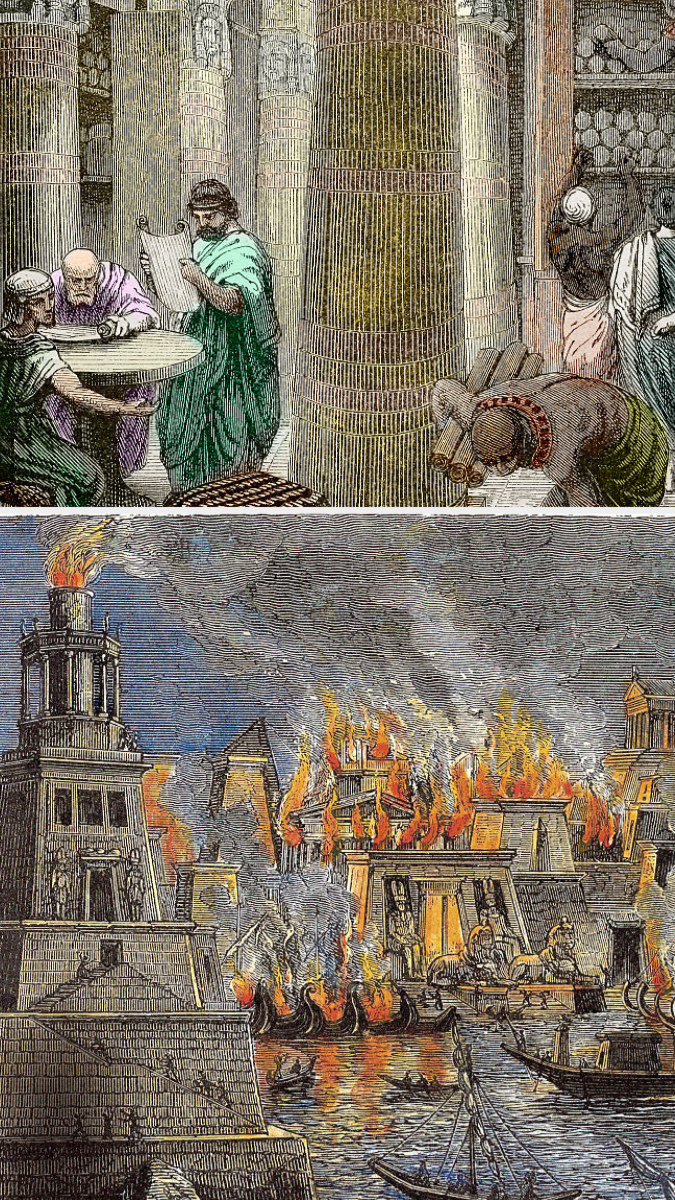 Top: A hall in the Library of Alexandria with men sitting at a table reading scrolls as others sort through scrolls in shelves Bottom: The Library of Alexandria&#x27;s pillars set on fire as a series of ships ride in through the water surrounding it