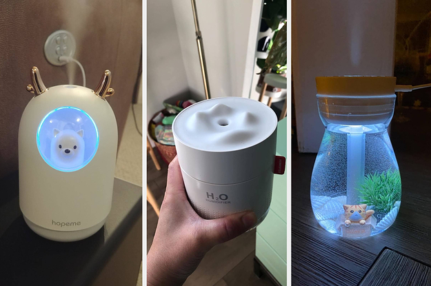 left: reviewer photo of cute humidifier with antlers and little polar bear inside.middle: reviewer holding white mountain peak humidifier. right: reviewer photo of terrarium humidifier emitting steam