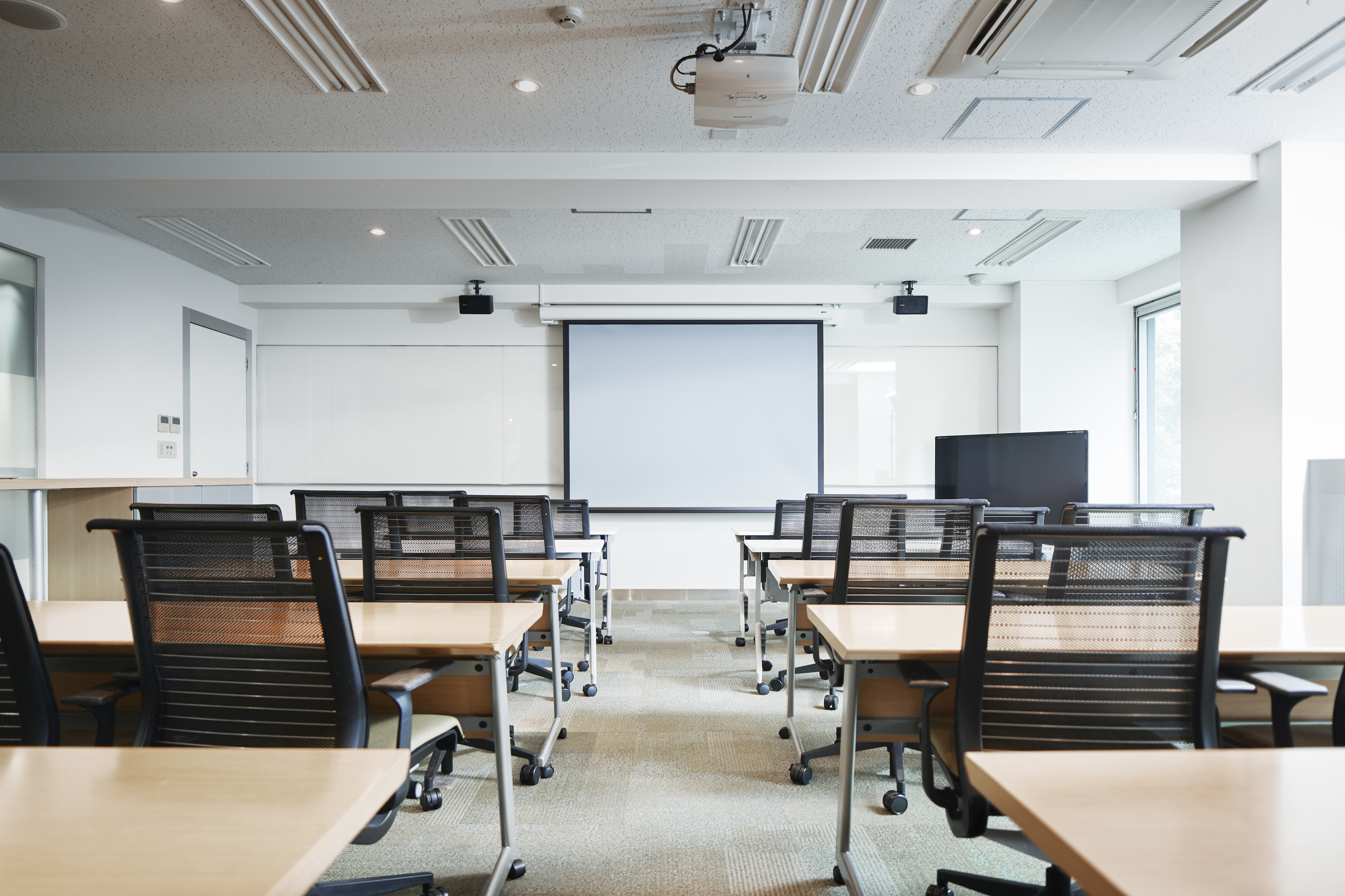 college classroom with projection screen