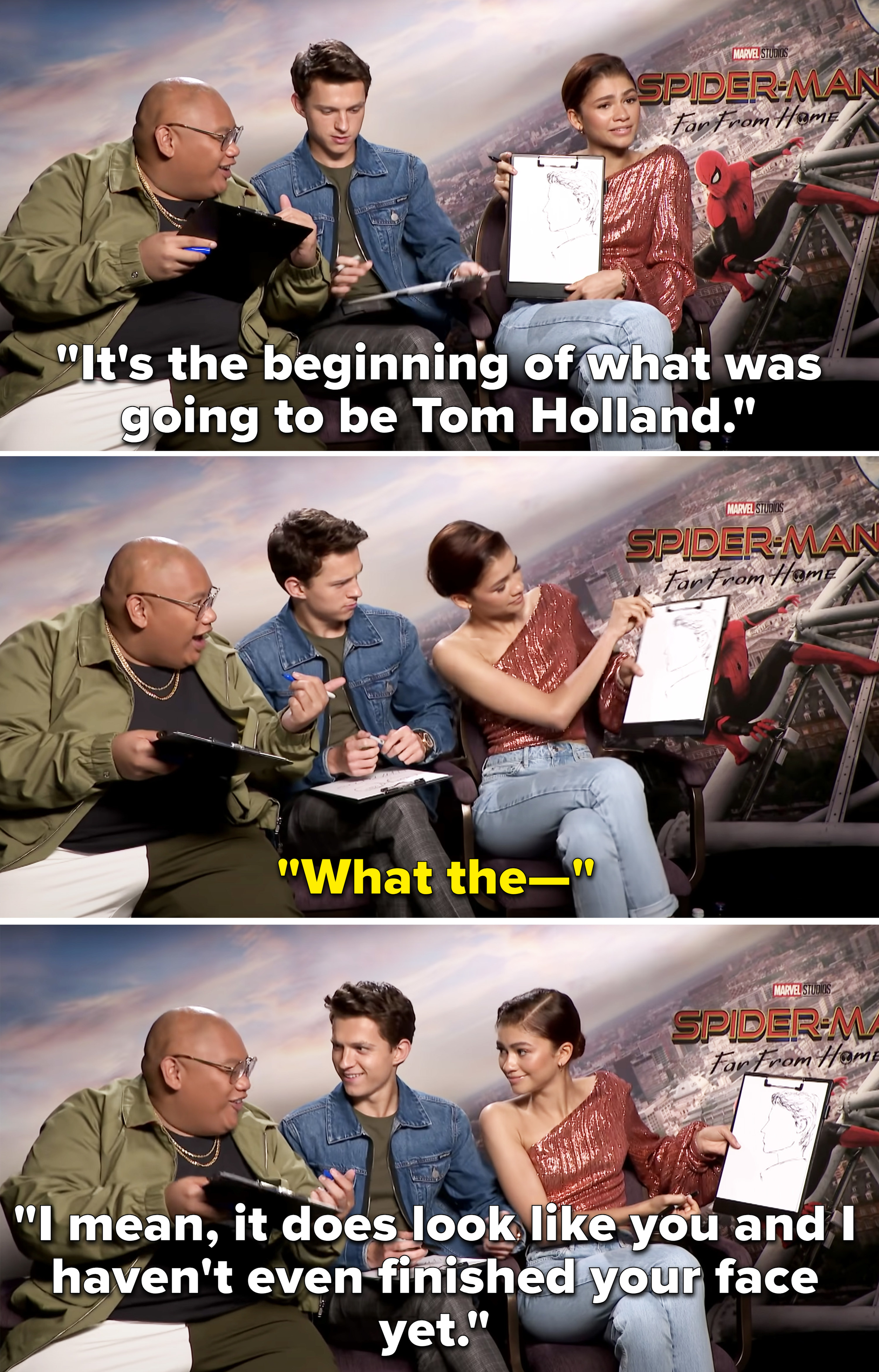 Tom saying, &quot;What the&quot; after Zendaya shows a picture she drew of his side profile