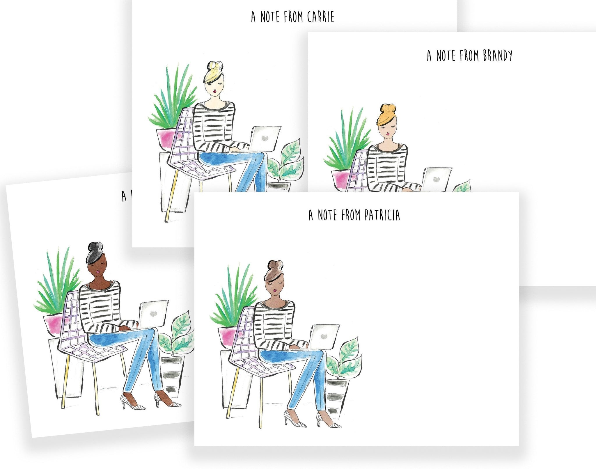 four notepad sets with custom art of women with different hair colors and skin tones