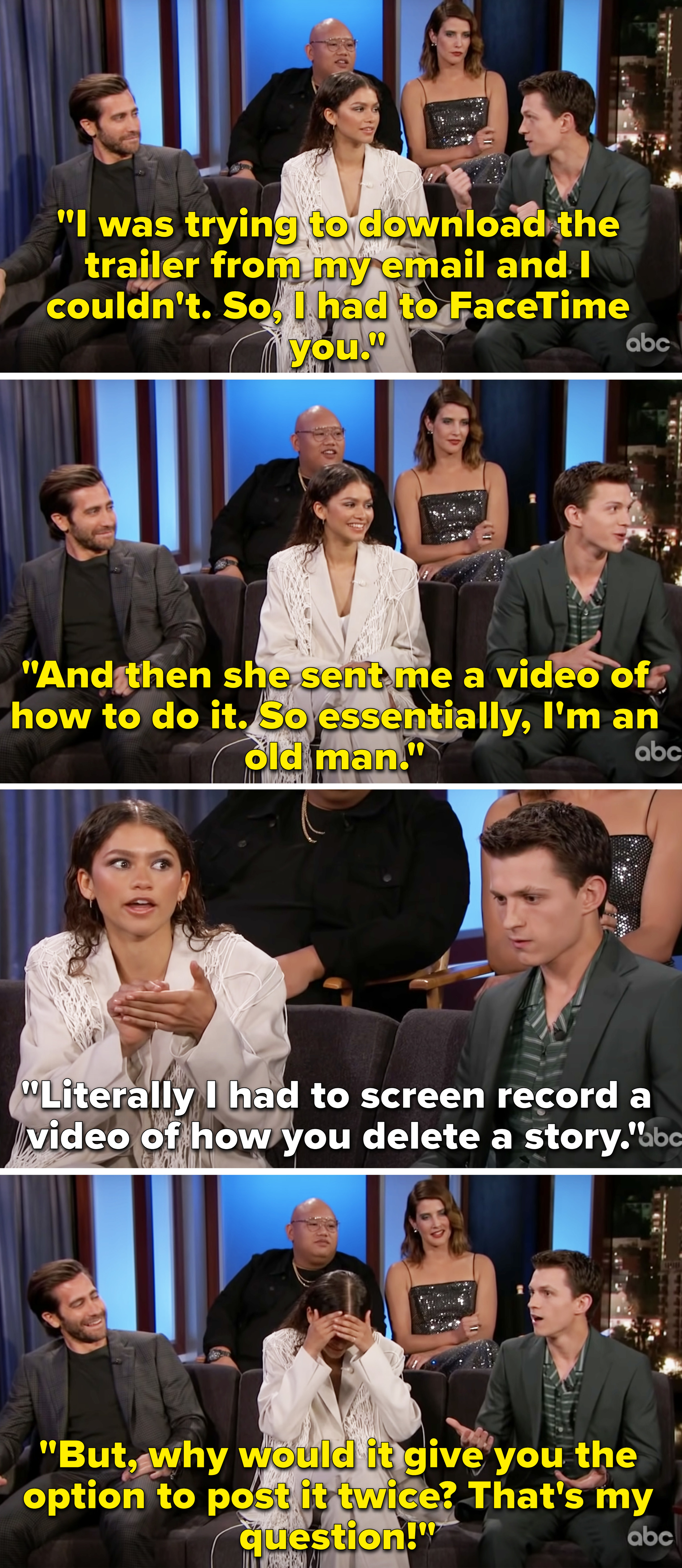 Tom saying he had to FaceTime Zendaya to learn how to post a trailer to Instagram and Zendaya had to teach him how to delete a story