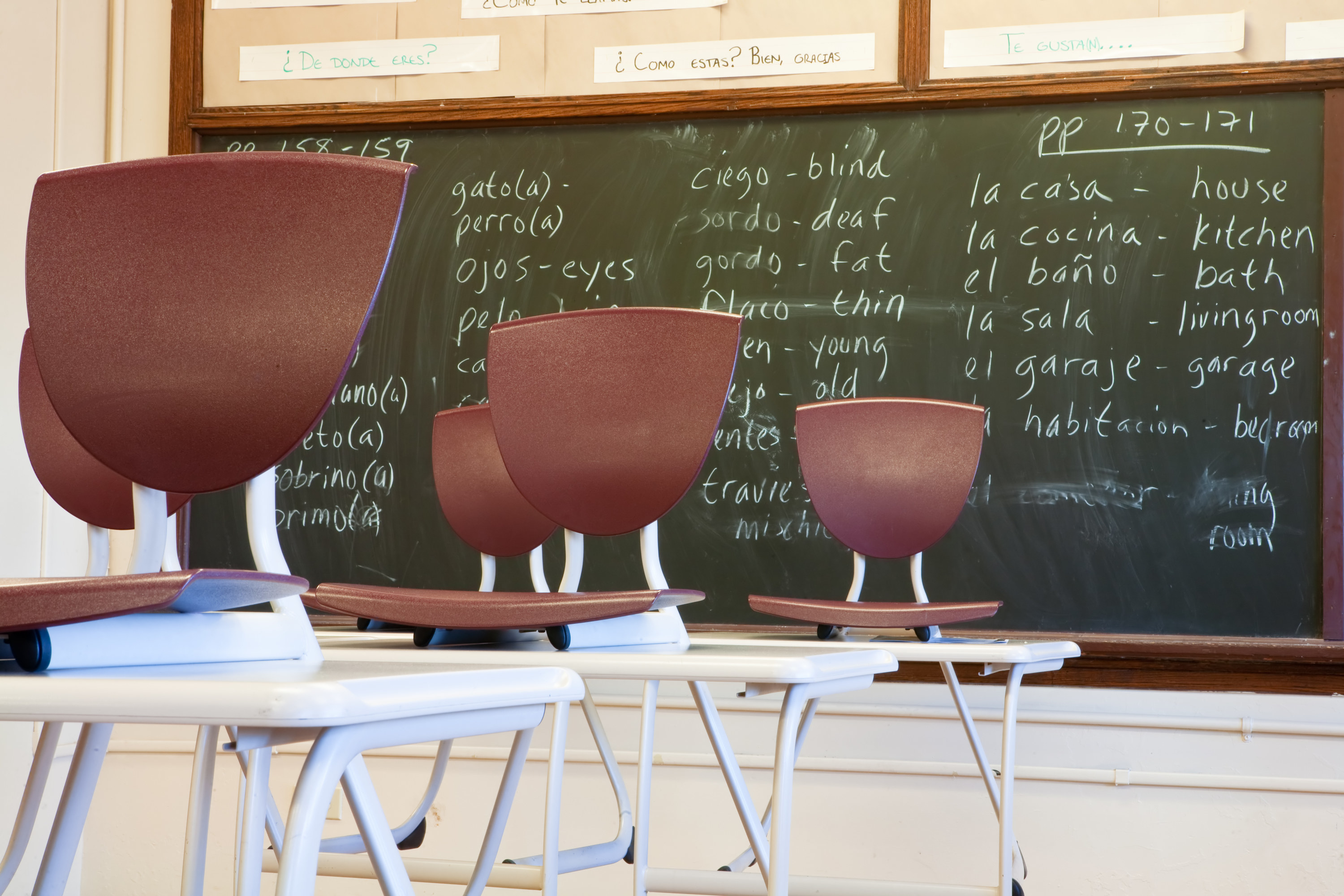 ESL classroom with Spanish to English translations written on the board