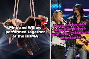 Pink and her daughter Willow performing at the Billboard Music Awards and Miley Cyrus and Billy Ray Cyrus performing together