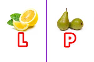 A lemon with the letter L underneath and a P under the pears
