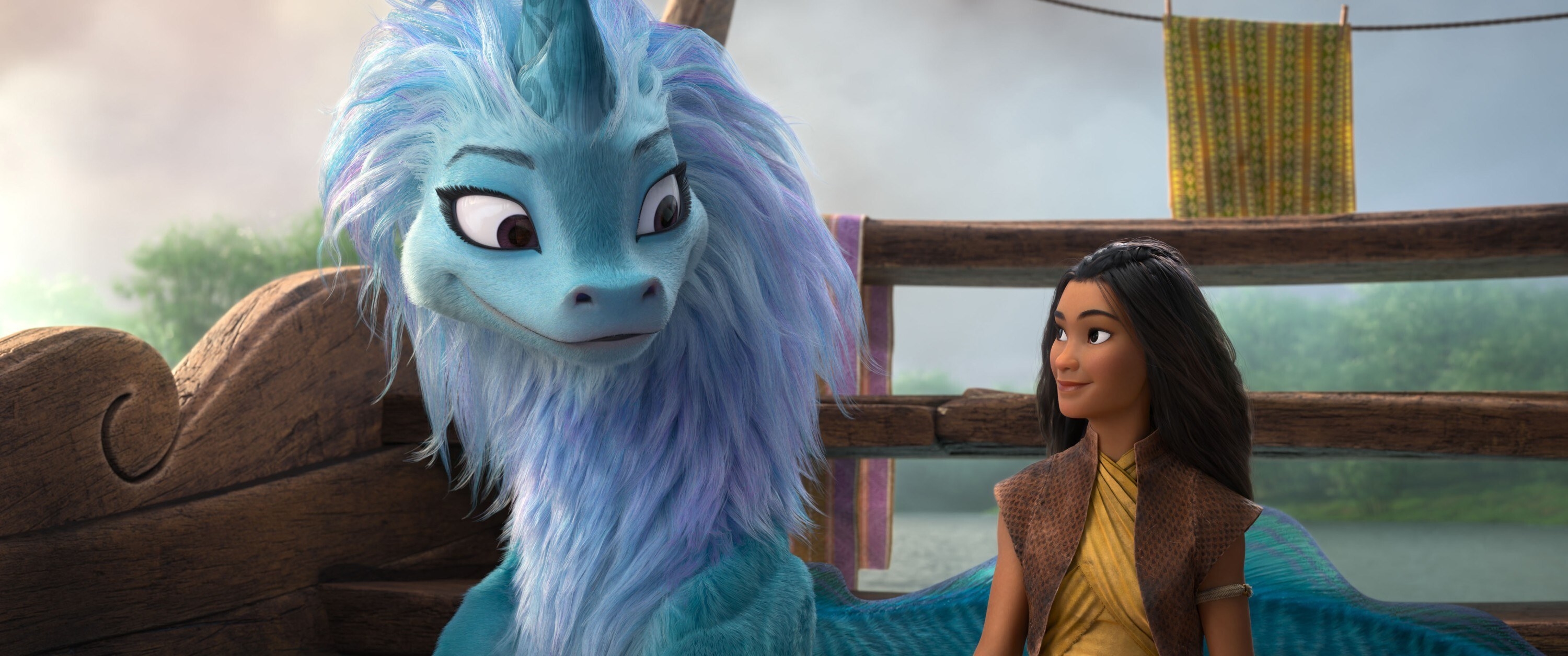 Animation: a Southeast Asian girl smiles at a blue and purple dragon. The dragon smiles back