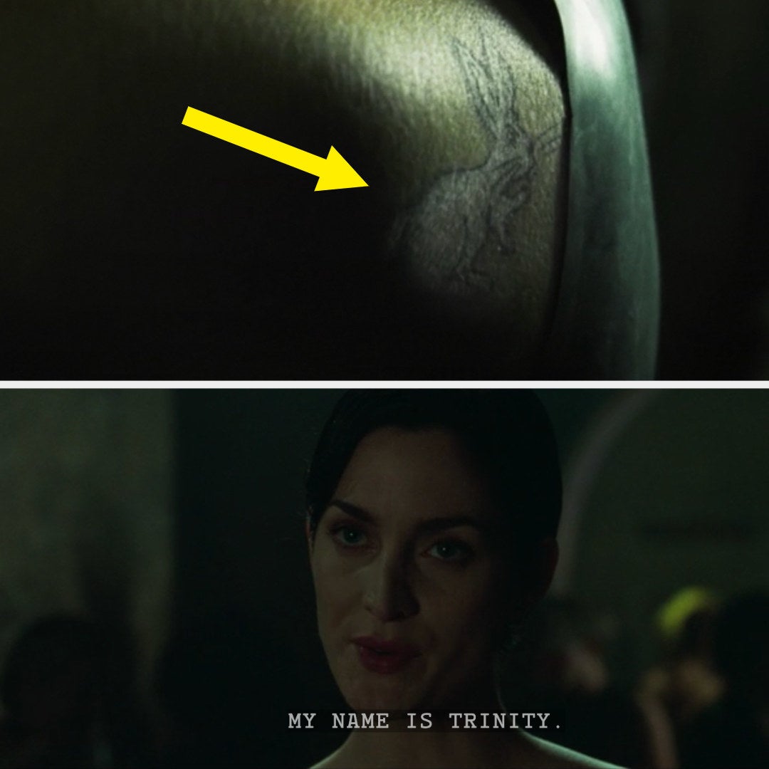 A tattoo of a white rabbit; Trinity introducing herself to Neo