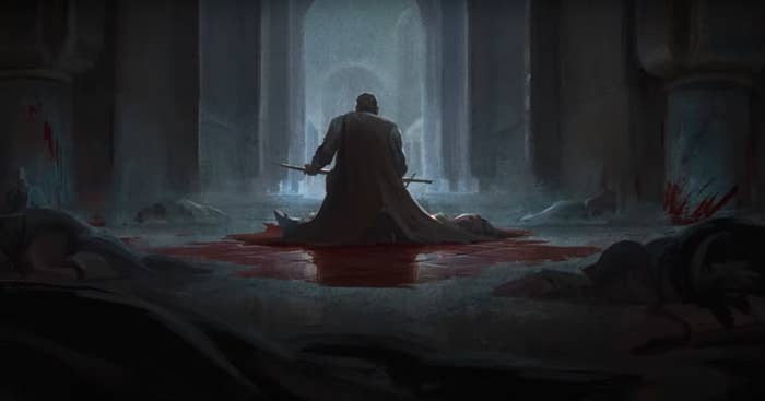 1.	A still from an animated clip, showing a man from behind in a cape holding a sword in a dark hallway, surrounded by lifeless corpses and spatters of blood
