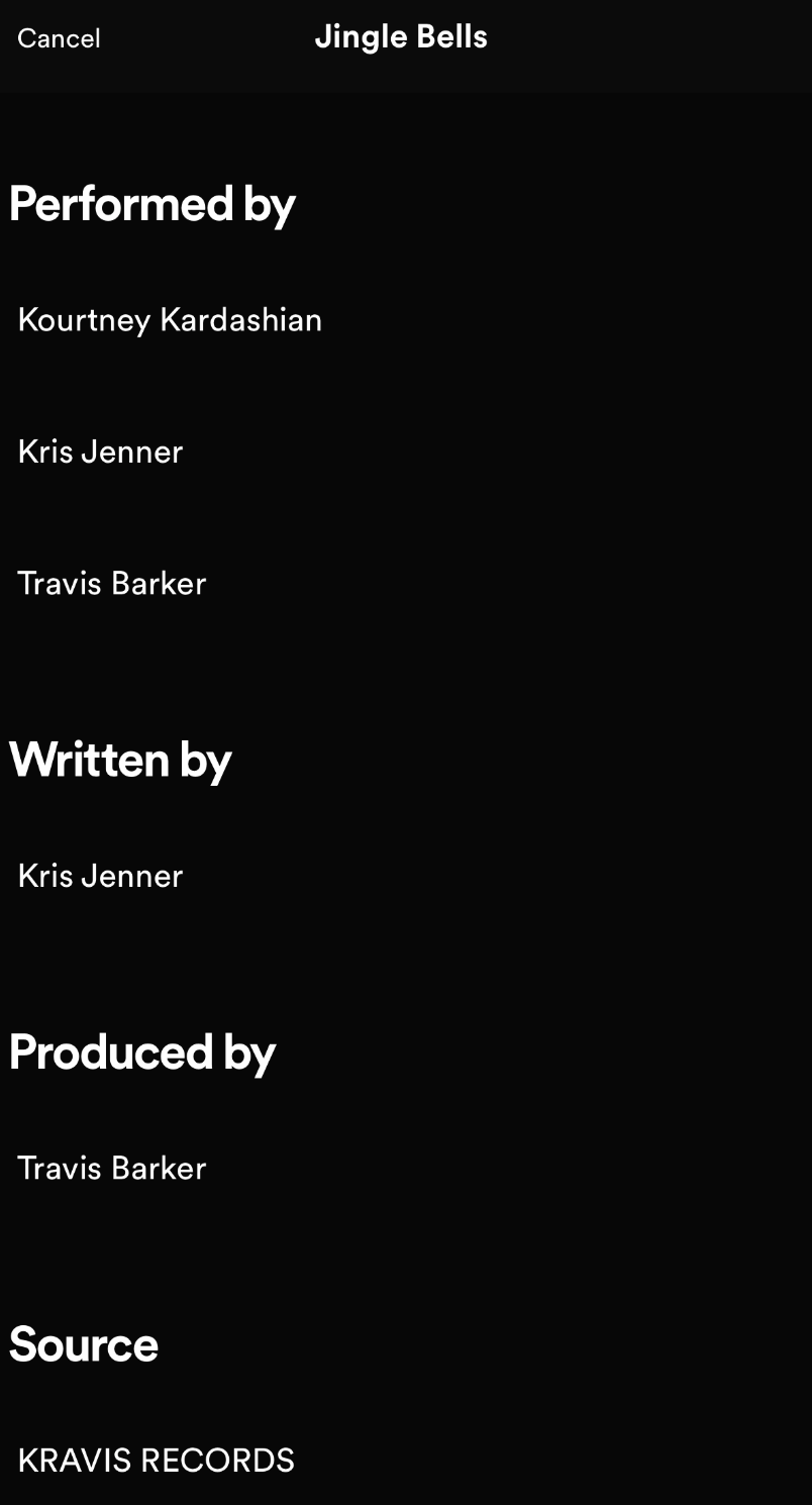 Jingle Bells credits, including performed by Kourtney, Kris, and Travis; written by Kris; and produced by Travis; source: Kravis Records