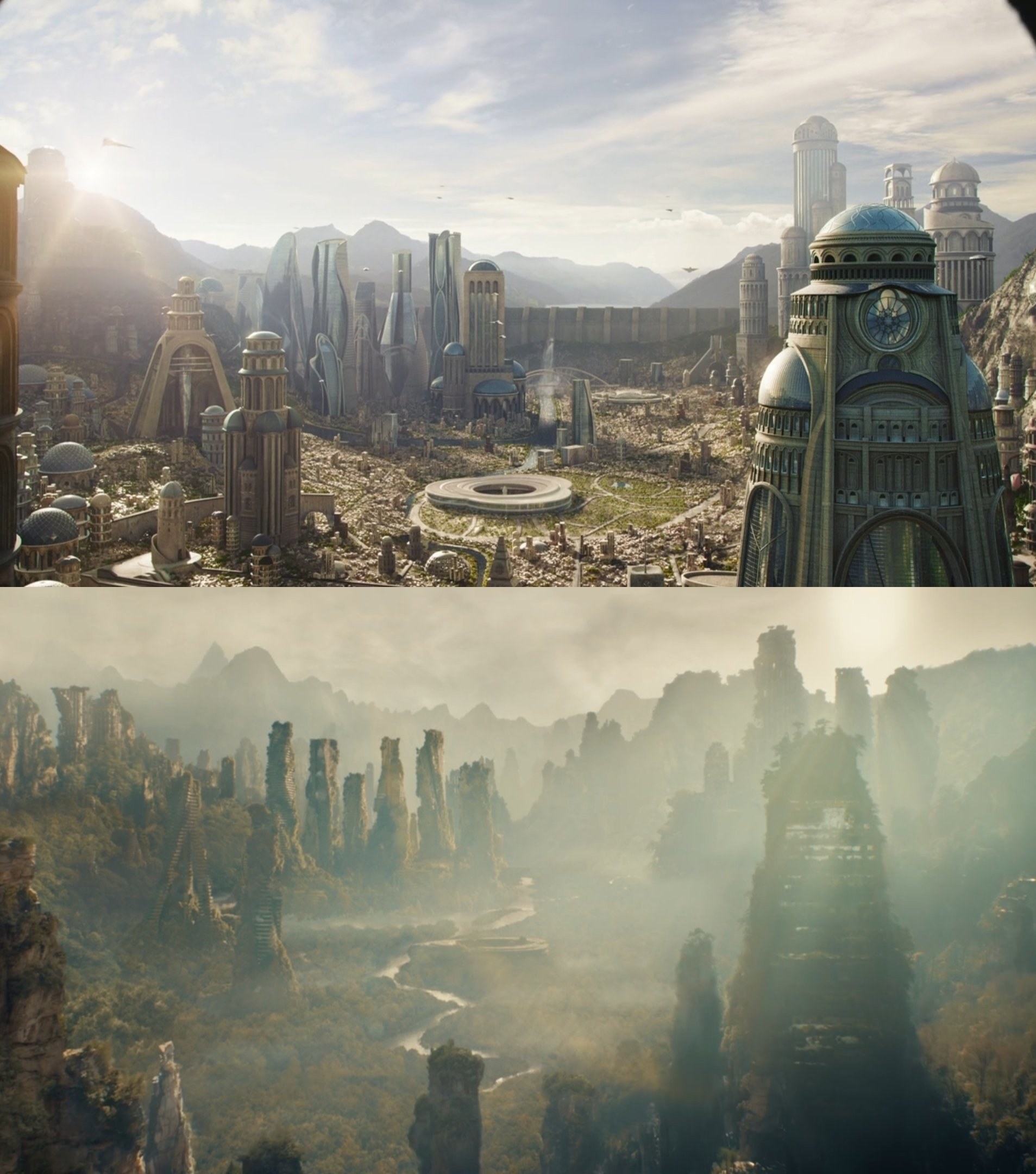 Two shots combined – on top is a large, futuristic city with towering skyscrapers, glistening domes, and flying vehicles in the sky. On the bottom is the same city, but in the present Age – all the buildings have been overgrown by plant life.