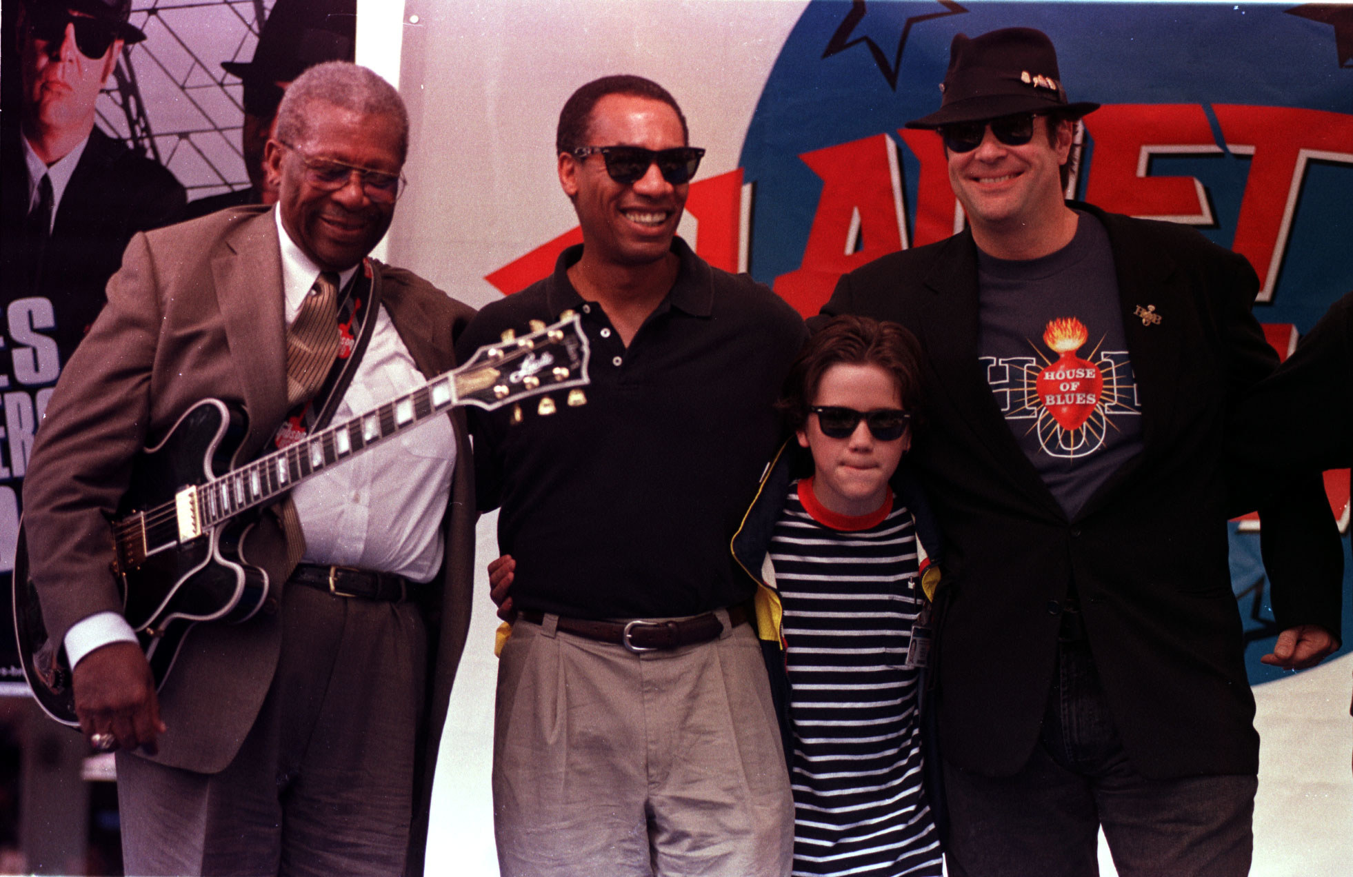 (L-R): B.B. King, Joe Morton, J. Evan Bonifant and Dan Aykroyd outside of Planet Hollywood in Cannes for &quot;Blues Brothers 2000&quot;