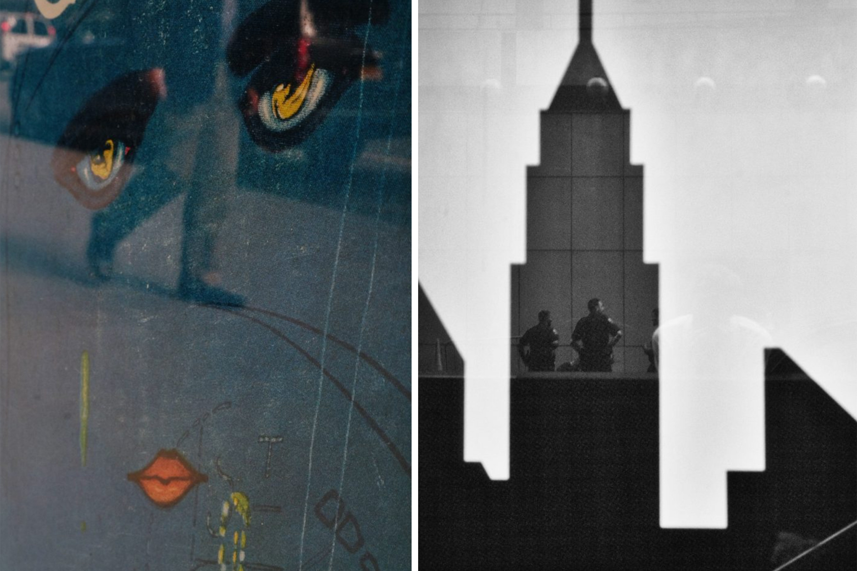 Close-up of someone walking on the sidewalk from the legs down, with illustrated lips on top of the photo, and police on a roof