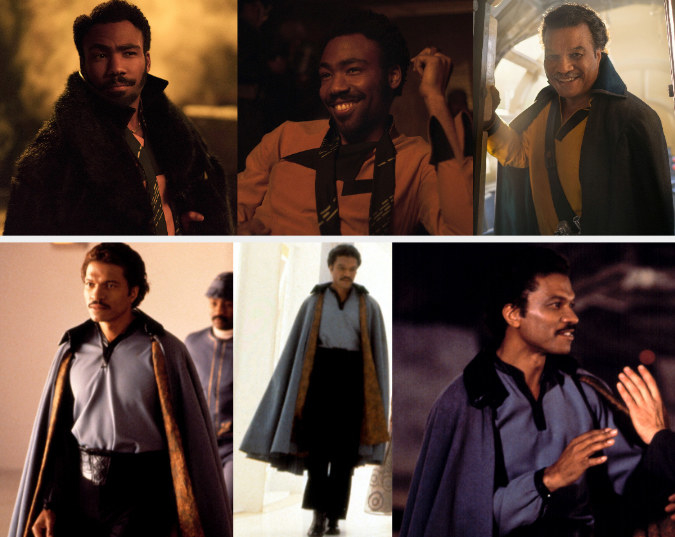Top: Donald Glover and Billy Dee Williams as Lando Calrissian wearing a yellow shirt in &quot;Solo&quot; and &quot;Rise of Skywalker&quot; Bottom: Billy Dee Williams as Lando Calrissian wearing a long cloak in &quot;Empire Strikes Back&quot;
