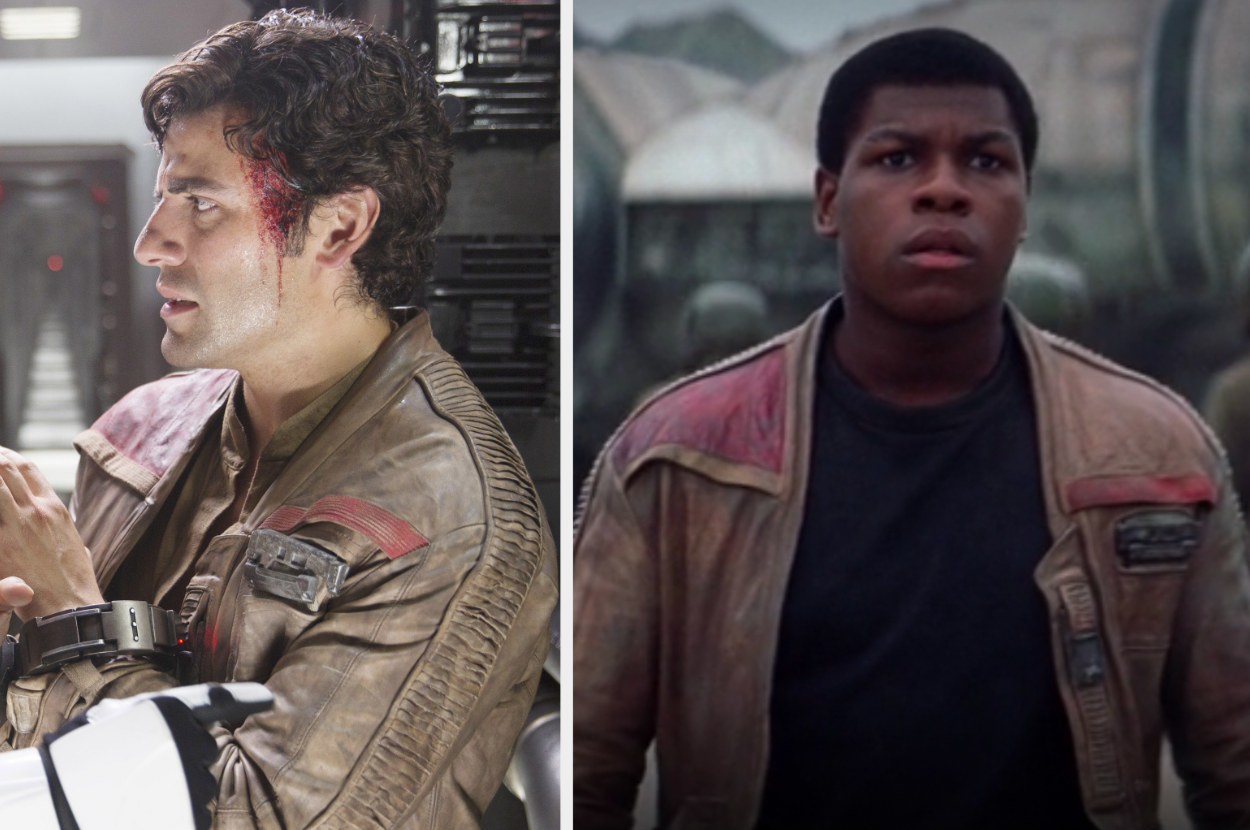 Left: Oscar Isaac as Poe Dameron wearing a leather jacket in &quot;The Force Awakens&quot; Right: John Boyega as Finn wearing the same leather jacket as he looks on in &quot;The Force Awakens&quot;