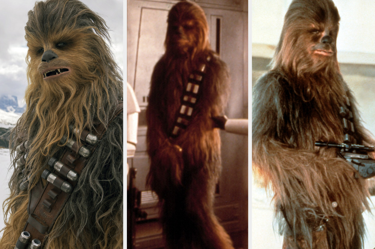 Left: Peter Mayhew as Chewbacca looks on in &quot;The Force Awakens&quot; Middle: Peter Mayhew as Chewbacca walks in handcuffs in &quot;A New Hope&quot; Right: Peter Mayhew as Chewbacca holds a crossbow