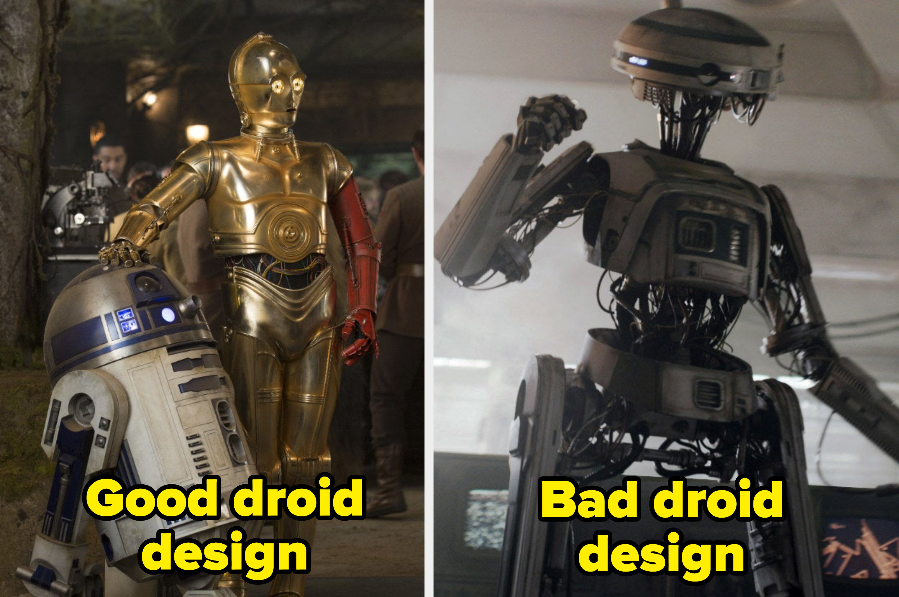 Left: Anthony Daniels as C-3PO puts his hand on the top of R2-D2 in &quot;The Force Awakens&quot; Right: The voice of Phoebe Waller-Bridge as L3-37 stands in front of a computer and raises her first in &quot;Solo&quot;