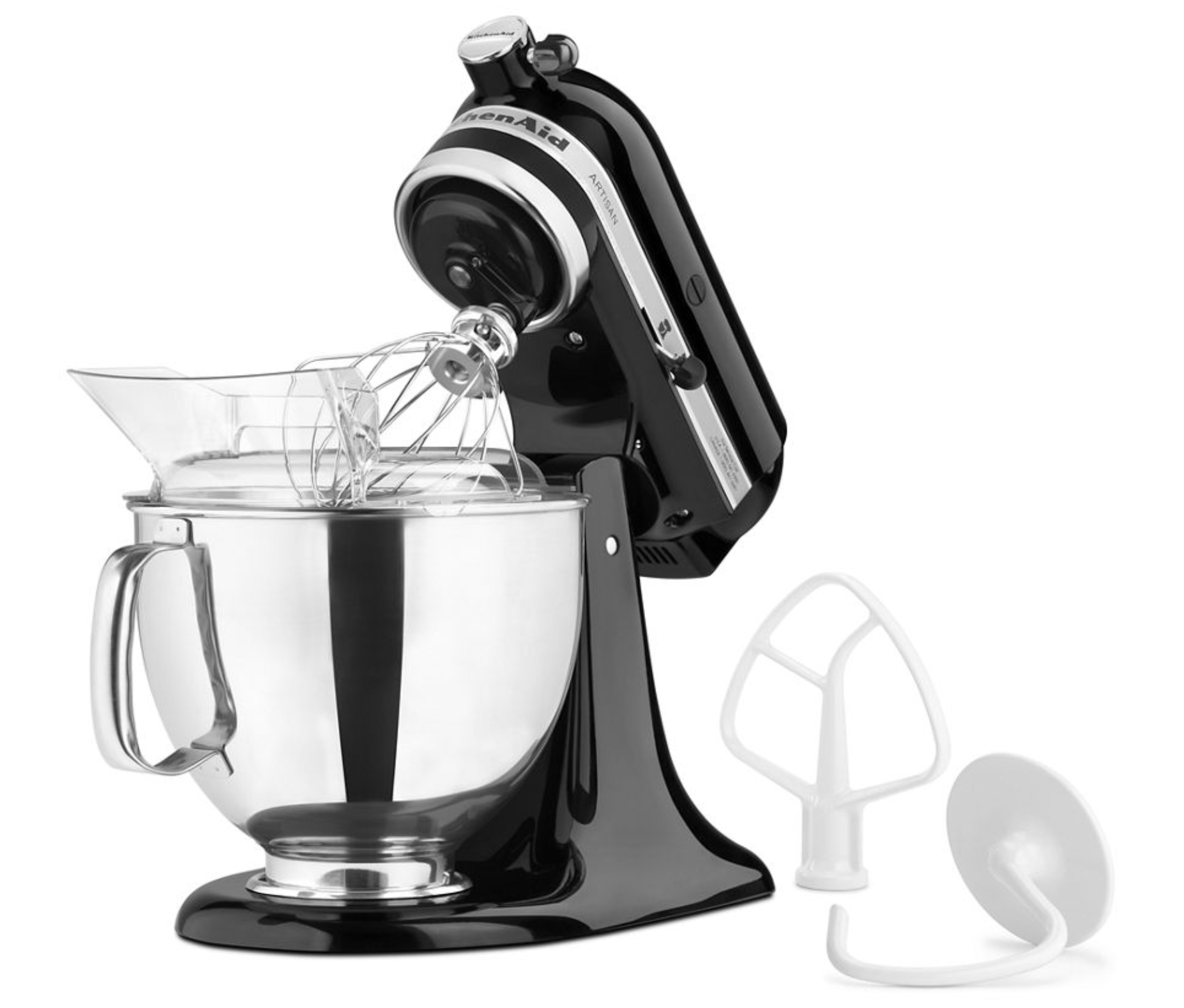 The KitchenAid mixer on a blank background surrounded by its attachments