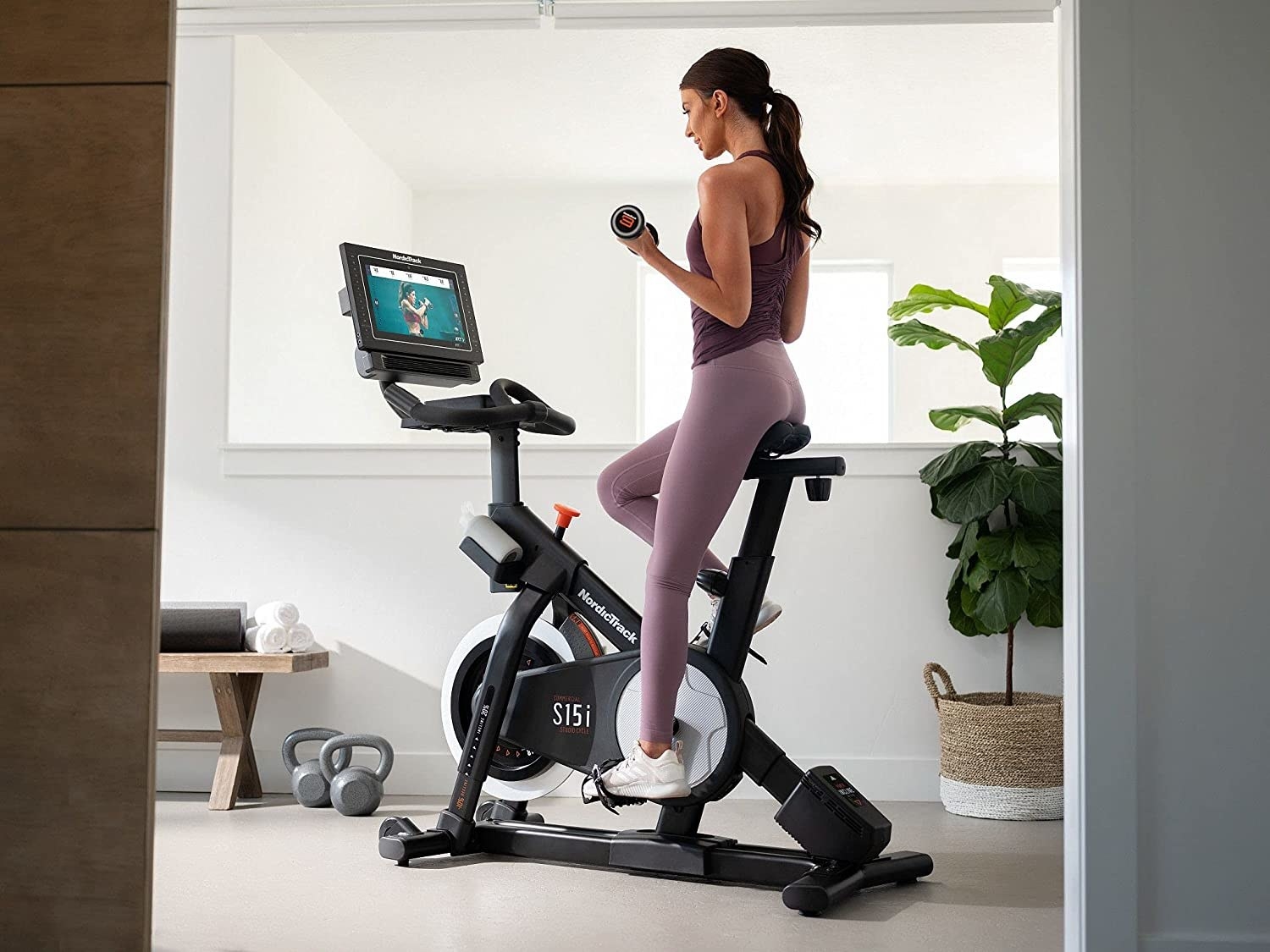 A person doing a class on the bike in their home gym